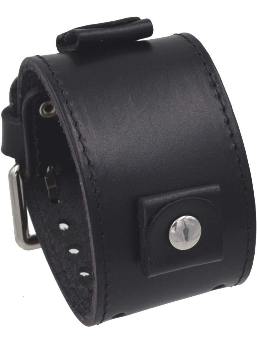 Wide Black Leather Cuff Watch Band 24mm Lug Width, Stylish Black Stitching